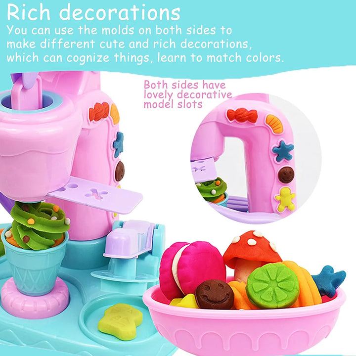 Kit jeu créatif machine à glace en pâte à modeler multicolore, incluant accessoires pour activité manuelle enfant.