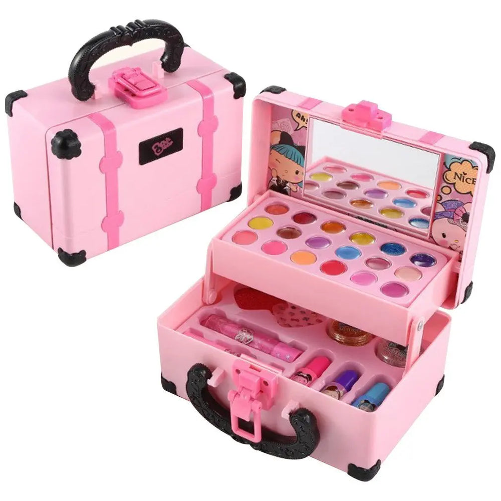 Kit beauté enfant complet avec fards, pinceaux et vernis, encourageant l'imagination et les looks magiques.