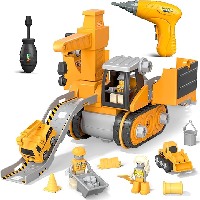 Ensemble de construction durable pour enfants, incluant camion, pelle, et grue, stimulant le jeu imaginatif.