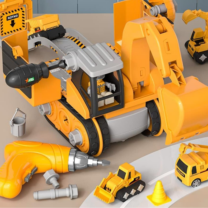 Enfants jouant avec un ensemble de construction: camion, pelle et grue, favorisant le développement et l'imagination.