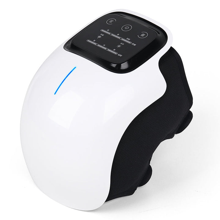 Appareil massage genou thérapeutique portable avec chaleur et lumière rouge pour soulager douleur articulaire et arthrose.