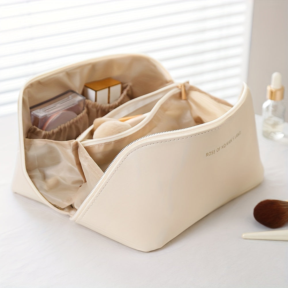 Organisateur de maquillage marron avec fermeture éclair, rangement cosmétique portable pour vos produits.