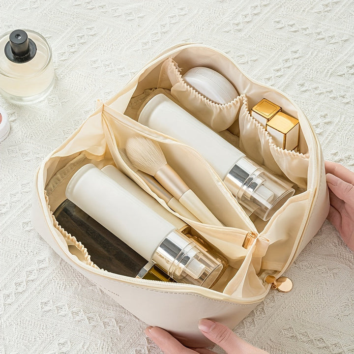 Accessoire cosmétique portable marron pour femmes, organisateur beauté compact avec fermeture éclair.