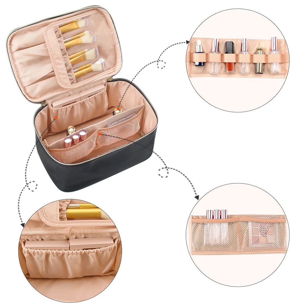 Trousse de beauté voyage bleue, spacieuse avec séparateurs pour tous les accessoires de maquillage.