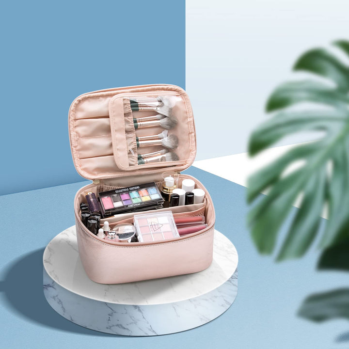 Rangement maquillage portable bleu, parfait pour les déplacements et les produits cosmétiques.