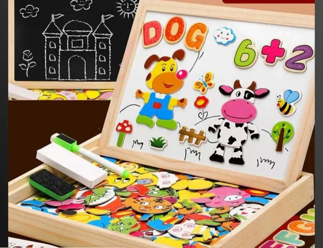 Cadeau idéal: tableau magnétique double face en bois pour enfants, pour des heures de dessin, puzzles et apprentissage.