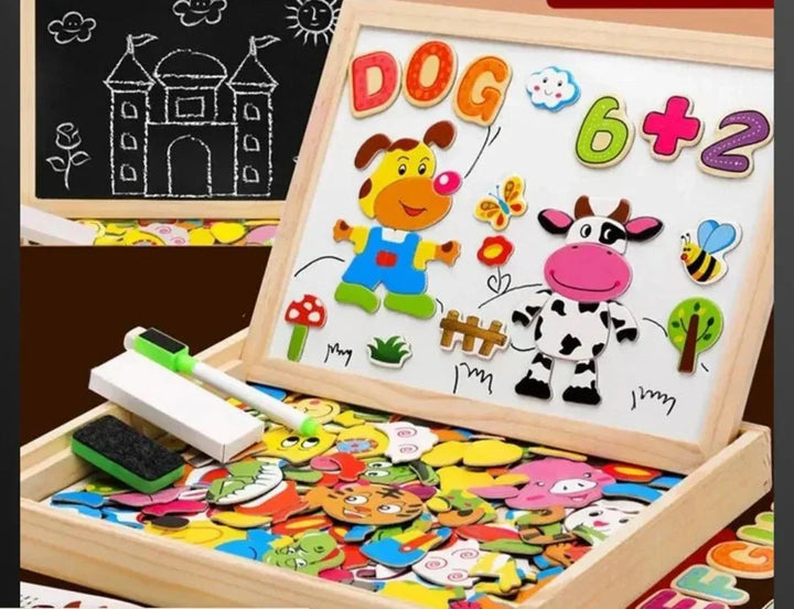 Cadeau idéal: tableau magnétique double face en bois pour enfants, pour des heures de dessin, puzzles et apprentissage.