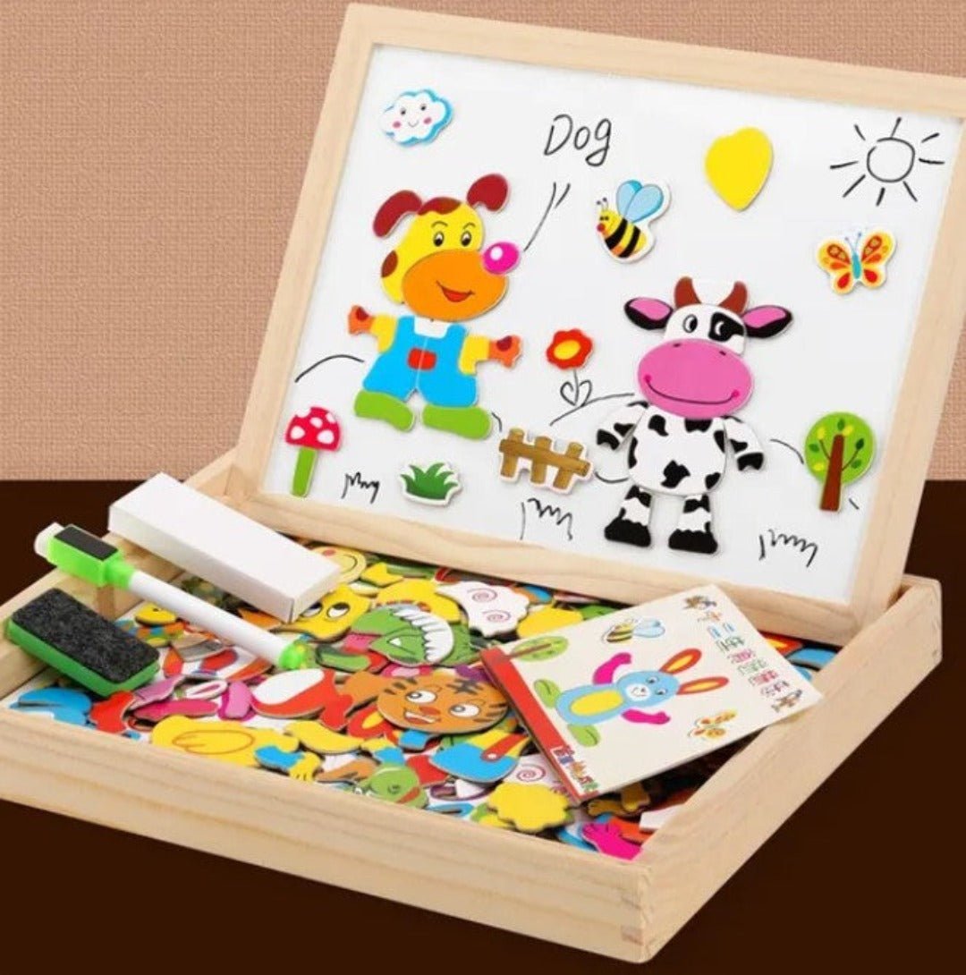 Apprentissage ludique avec ce tableau magnétique double face en bois, favorisant la créativité et la motricité des enfants.