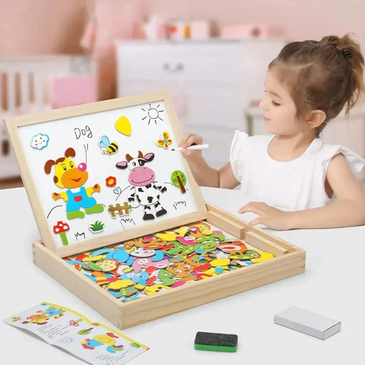 Tableau magnétique double face en bois pour enfants, idéal pour dessin, puzzle et apprentissage créatif.