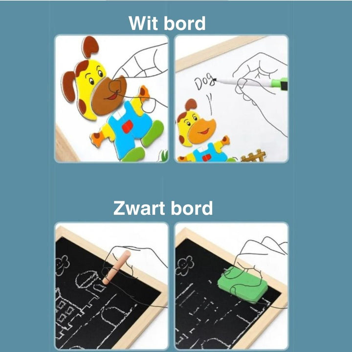 Tableau magnétique double face bois pour le développement de l'enfant: dessin, écriture, et jeux de lettres magnétiques.