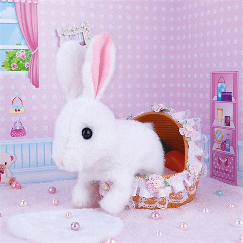 Jouet lapin interactif en peluche, doux au toucher, disponible en rose, brun ou blanc pour enfant.