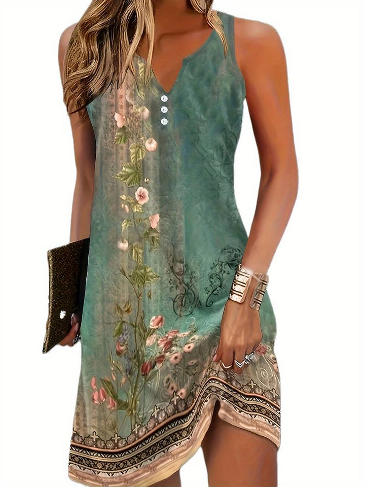Tenue de plage élégante: robe d'été femme sans manches, motif floral, idéale pour un look décontracté.