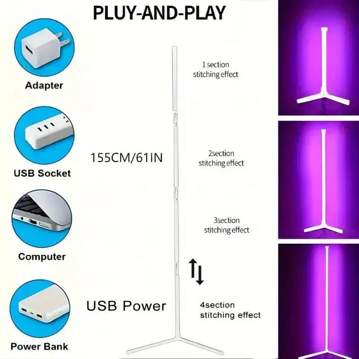 Créez un impact visuel avec cette lampe d'angle LED RGB, lumière couleur intense et télécommande pratique.