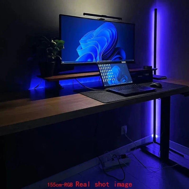 Lampe d'angle design minimaliste, éclairage LED RGB multicolore, idéale pour décoration moderne.