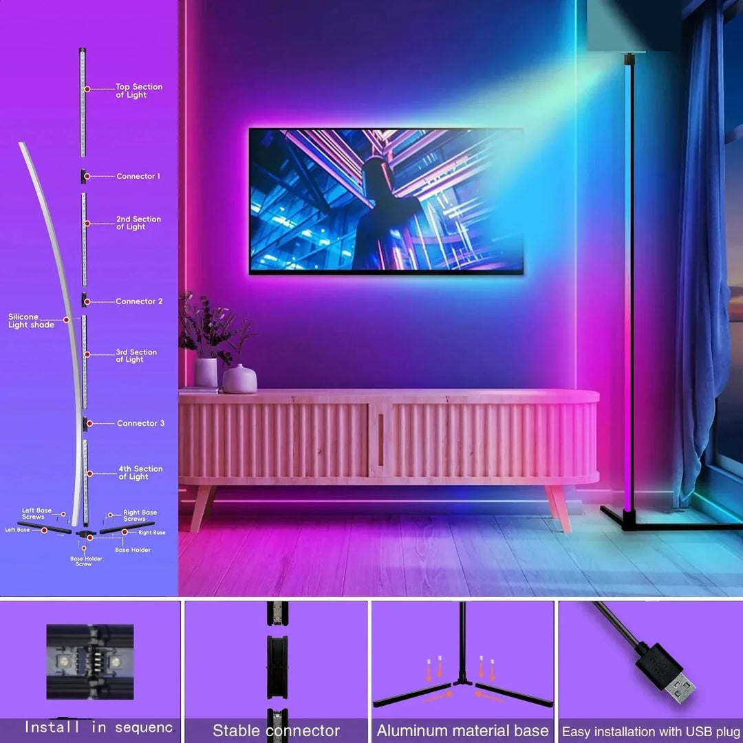 Design épuré et technologie LED RGB: lampe d'angle moderne, éclairage couleur personnalisable par télécommande.