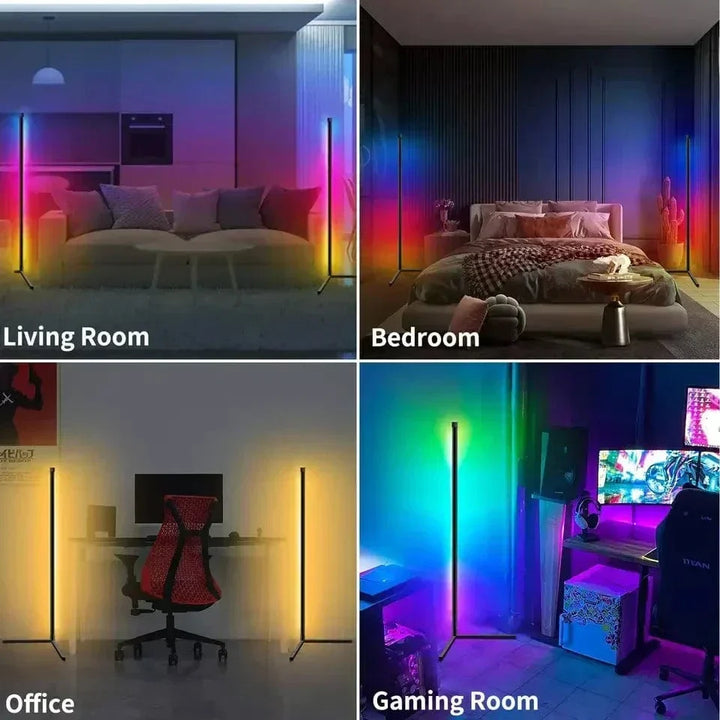 Lampe d'angle LED RGB polyvalente pour salon, chambre ou gaming, lumière d'ambiance réglable à distance.