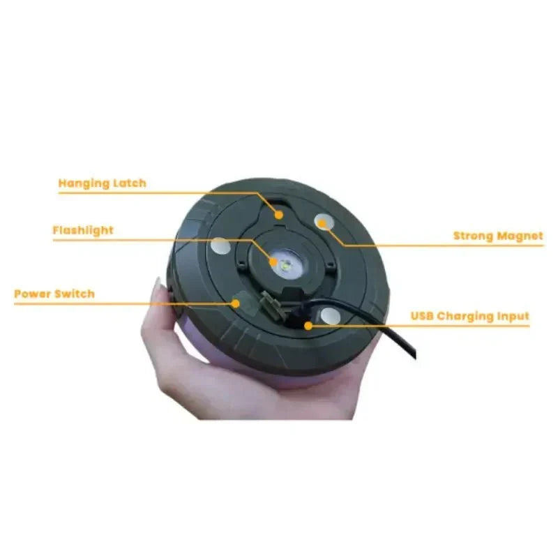 Lampe de camping LED portable et compacte, essentielle pour la randonnée et les activités extérieures.
