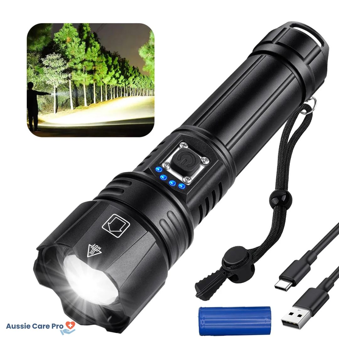 Lampe de poche LED rechargeable ultra puissante pour extérieur, camping et urgence.