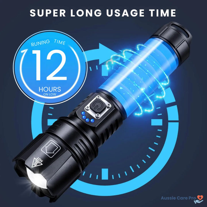 Lampe de poche LED ultra puissante éclairant un chemin sombre, rechargeable pour activités extérieures.