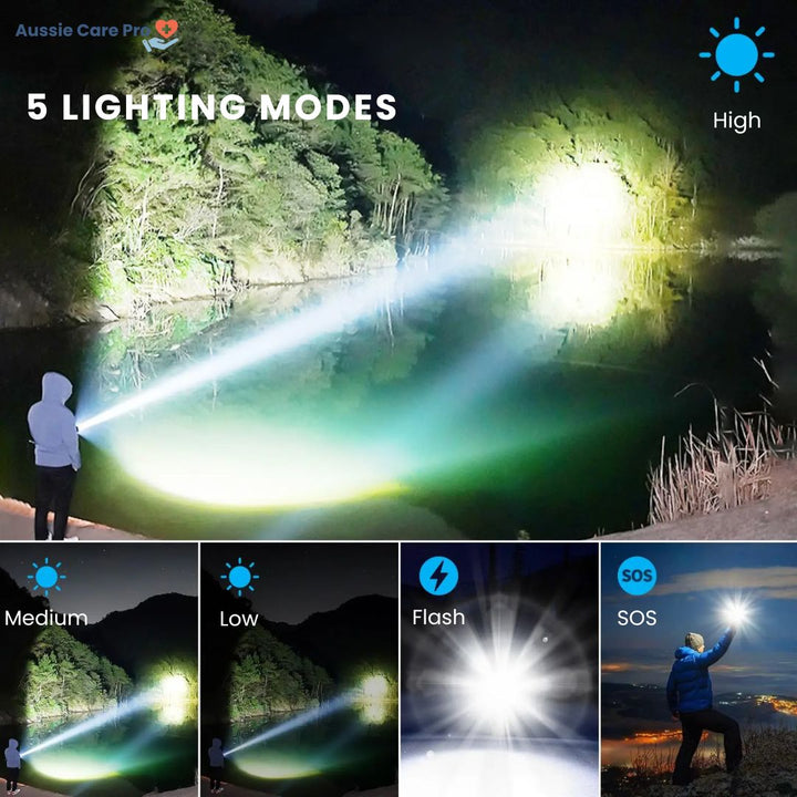 Lampe LED rechargeable par USB, éclairage puissant et fiable pour camping, randonnée et urgence.