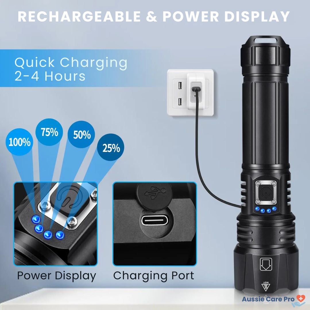 Lampe de poche tactique LED, rechargeable, offrant un éclairage puissant pour extérieur et urgences.