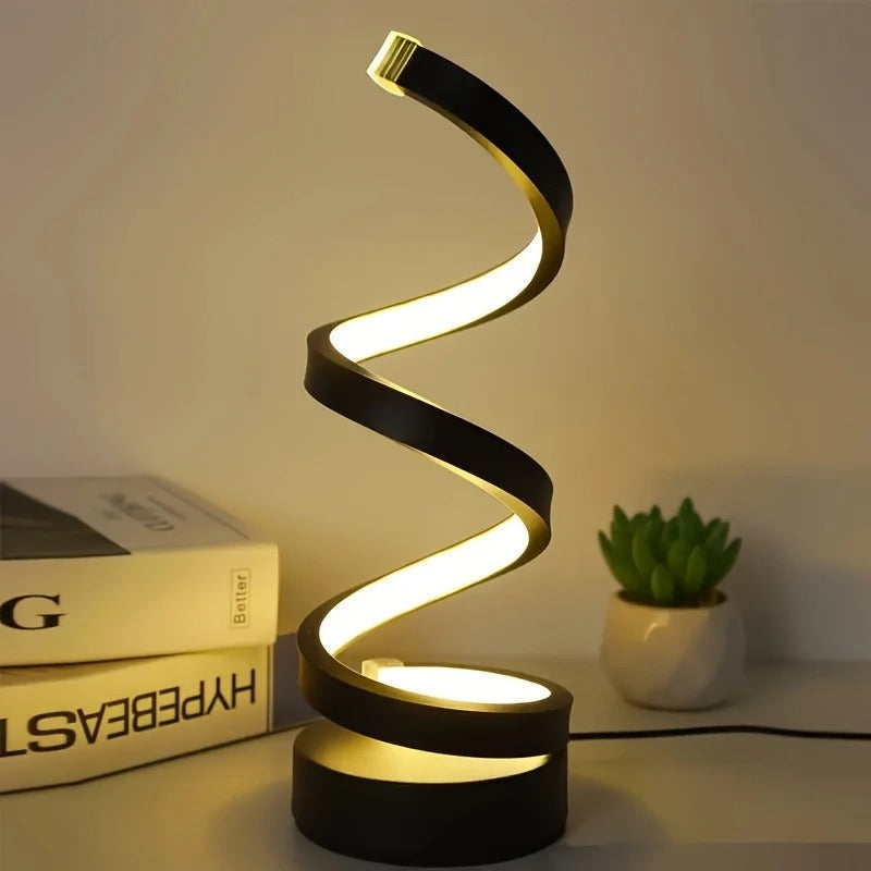 Luminaire LED de bureau ou chevet, noir, avec design spirale et contrôle tactile pour une ambiance lumineuse moderne.