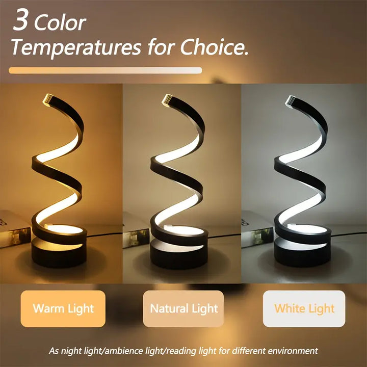 Lampe de chevet LED spirale noire, design moderne et tactile. Idéale comme lampe de bureau ou lumière d'ambiance.