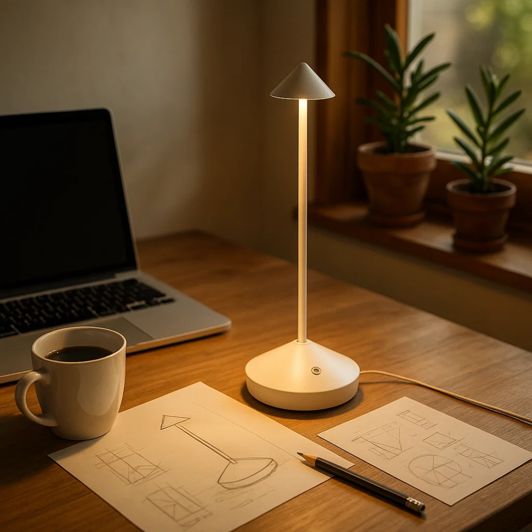 Lampe de table LED sans fil étanche, design moderne, dimmable pour intérieur ou extérieur.