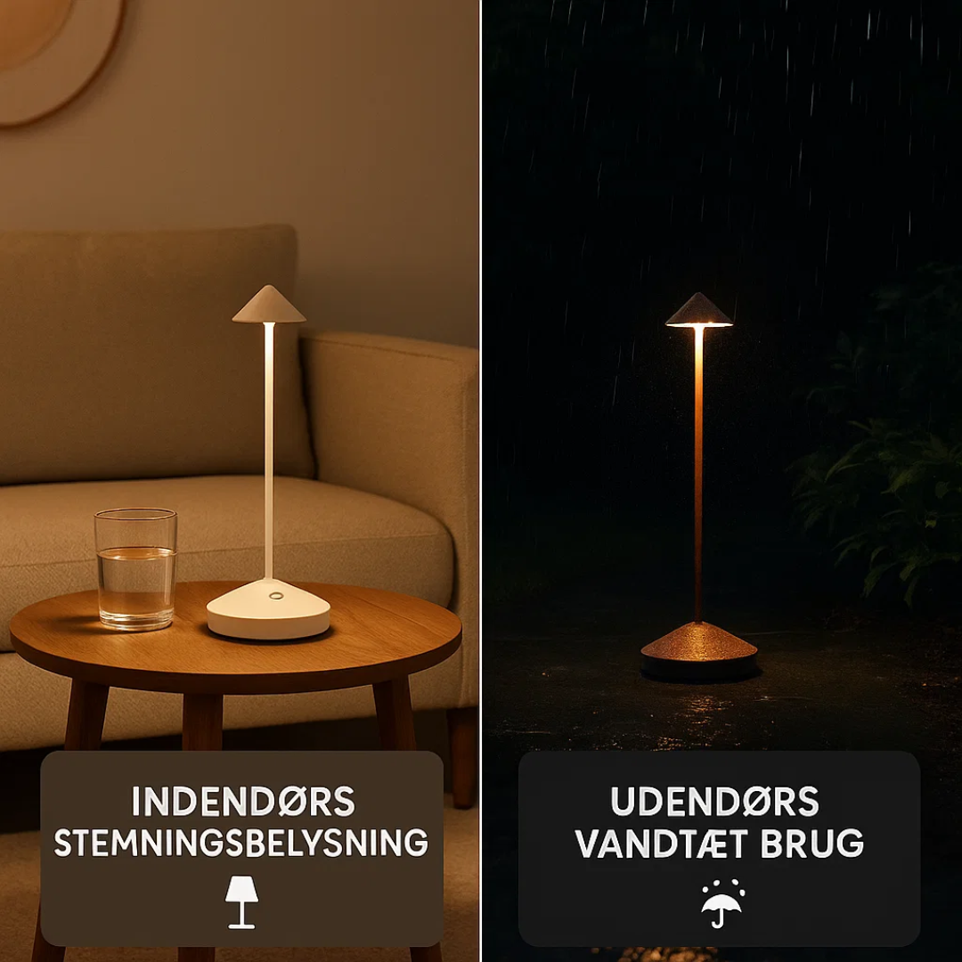 Lampe de table design moderne, sans fil, étanche, avec lumière LED réglable pour usage intérieur et extérieur.