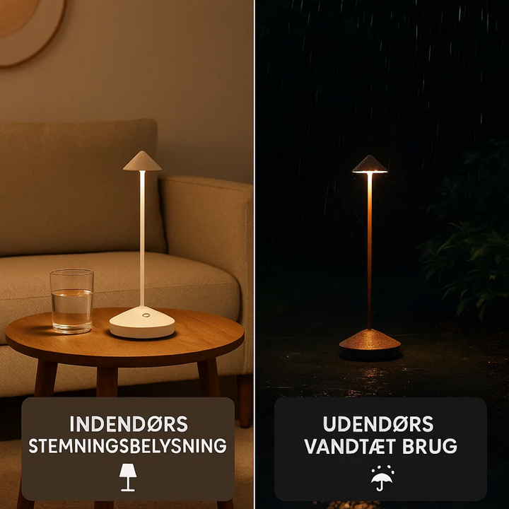 Lampe de table design moderne, sans fil, étanche, avec lumière LED réglable pour usage intérieur et extérieur.