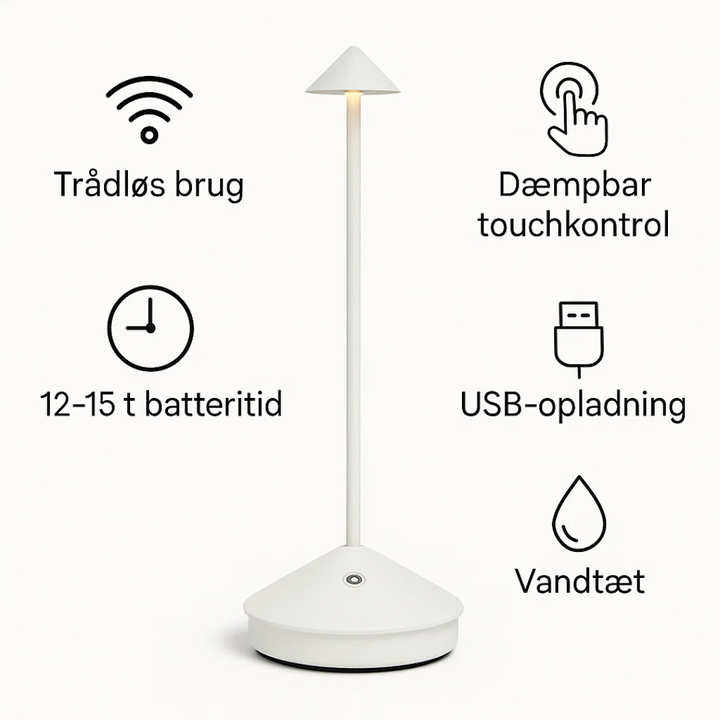 Lampe de table étanche et dimmable, technologie LED sans fil, parfait pour une lumière d'appoint design.