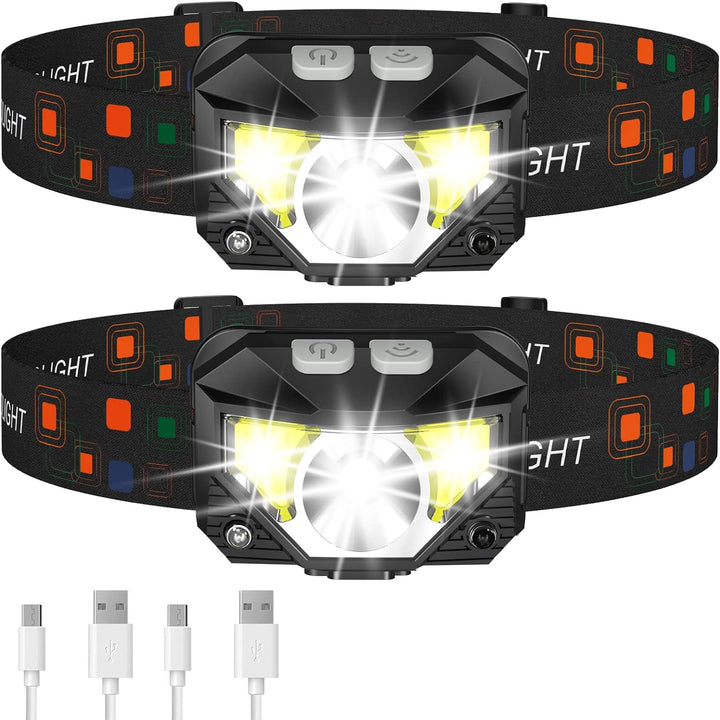 Lampe frontale LED rechargeable étanche avec capteur, idéale pour camping, randonnée, course.