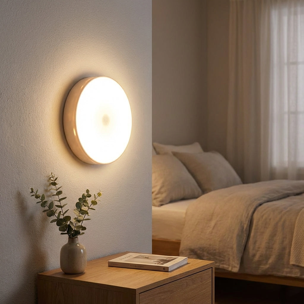 Lampe LED ronde pour placard/couloir, avec capteur de mouvement et batterie, lumière d'appoint ajustable.