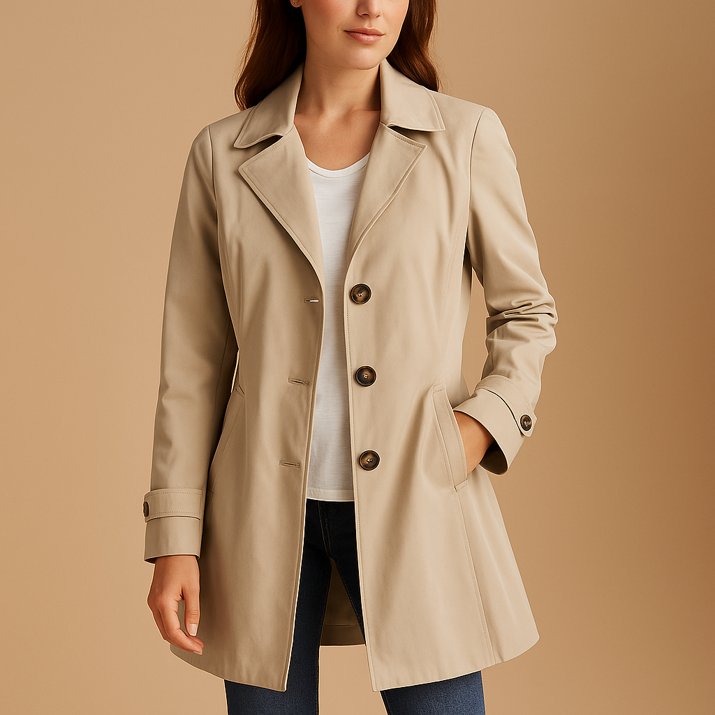 Trench-coat femme imperméable chic pour la ville. Design classique avec boutonnage, idéal mi-saison printemps automne.