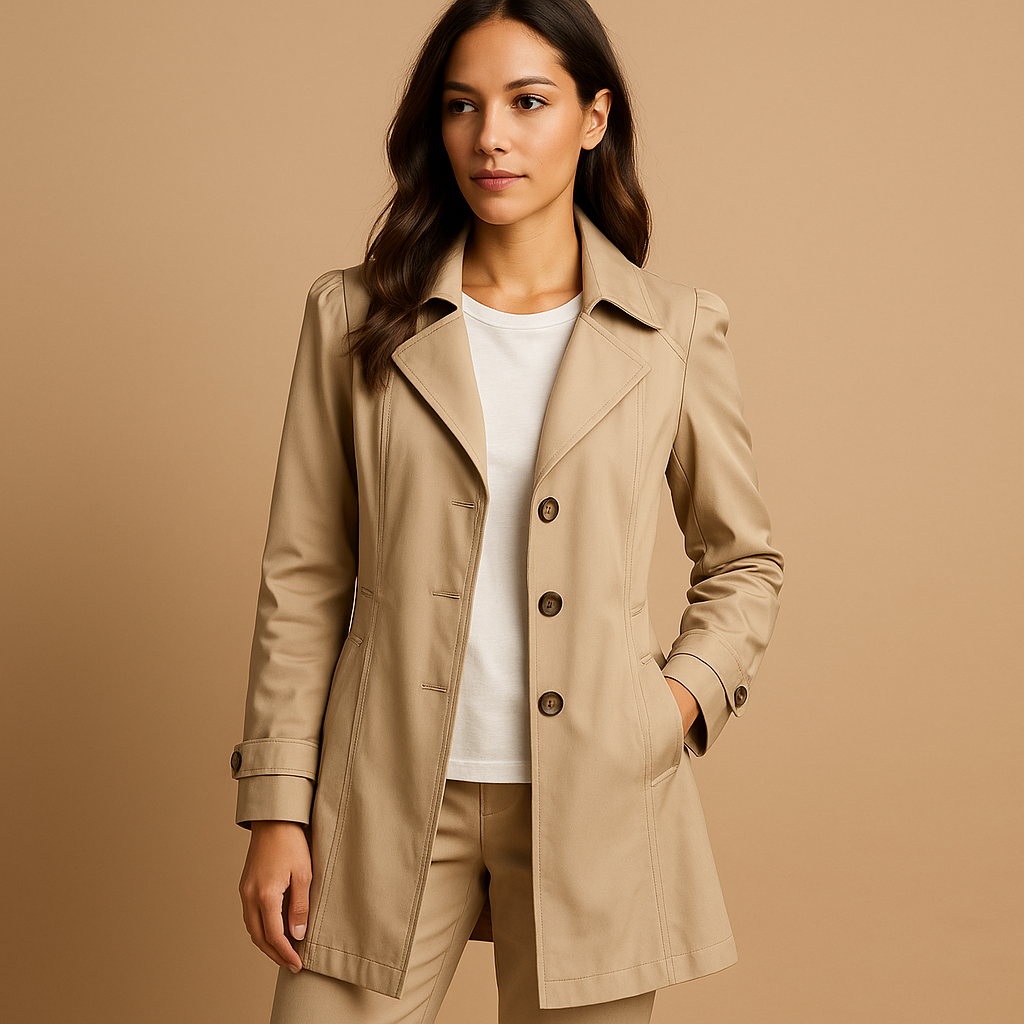 Élégant trench-coat classique femme avec boutonnage raffiné. Manteau de pluie parfait pour le printemps et l'automne.