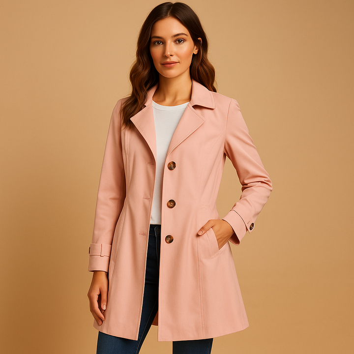 Trench-coat femme beige classique, boutonnage. Manteau de mi-saison imperméable et élégant pour look urbain chic.