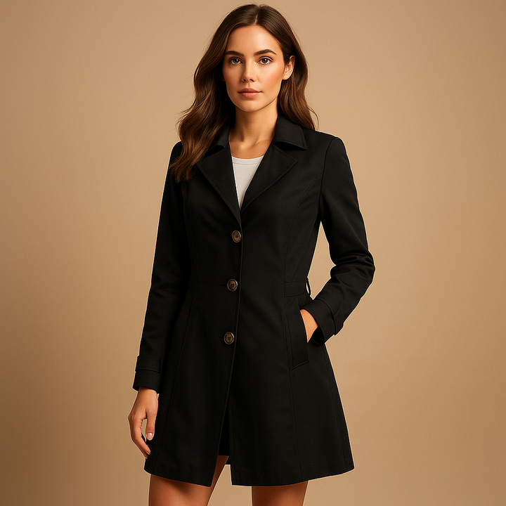 Trench-coat femme élégant beige classique à boutonnage, parfait printemps automne. Imperméable mi-saison urbain.