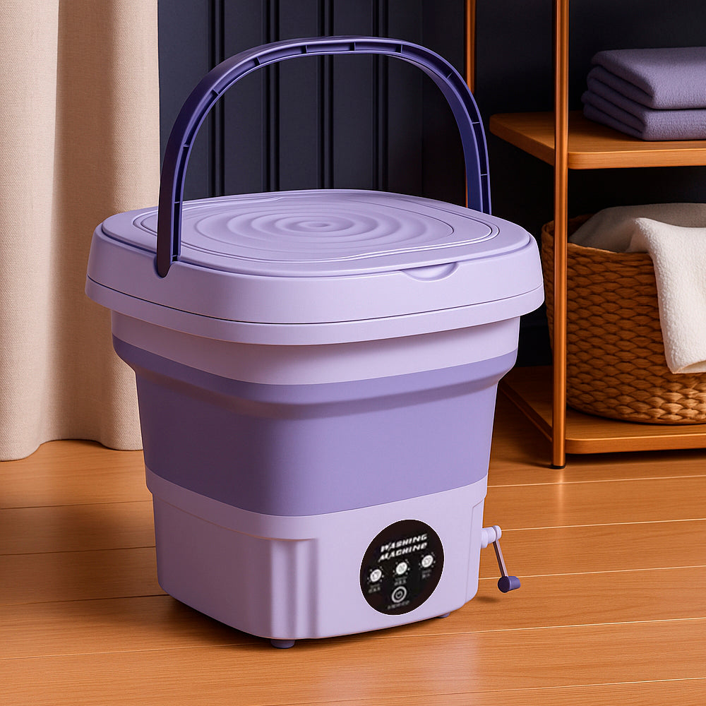 Machine à laver portable violette pour camping ou VR, simple d'utilisation, essorage intégré rapide et efficace.