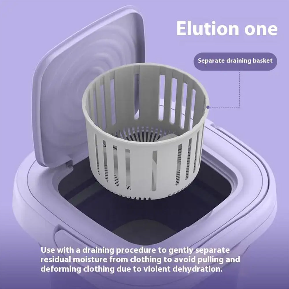 Lave-linge de petite taille violet, pliable pour un rangement facile. Lessive rapide et essorage doux inclus.