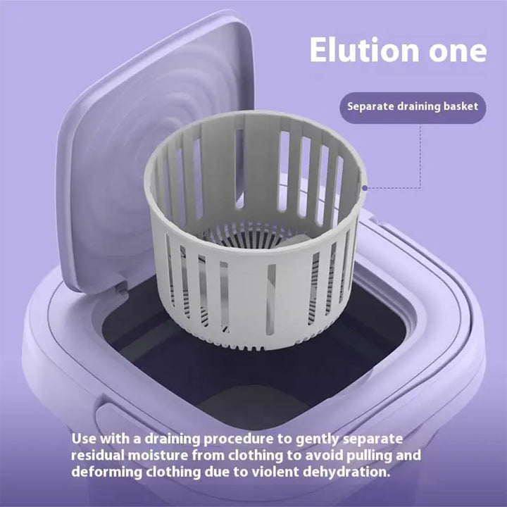 Lave-linge de petite taille violet, pliable pour un rangement facile. Lessive rapide et essorage doux inclus.