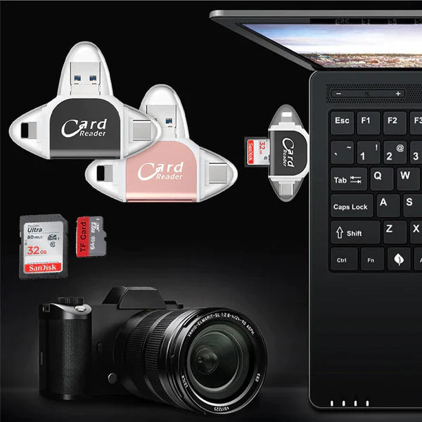 Lecteur de carte mémoire portable noir, idéal pour sauvegarder photos et vidéos sur PC ou mobile.