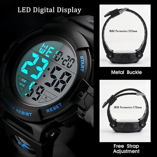 Gros plan sur le cadran digital LED d'une montre de sport homme, avec bracelet résistant et durable.