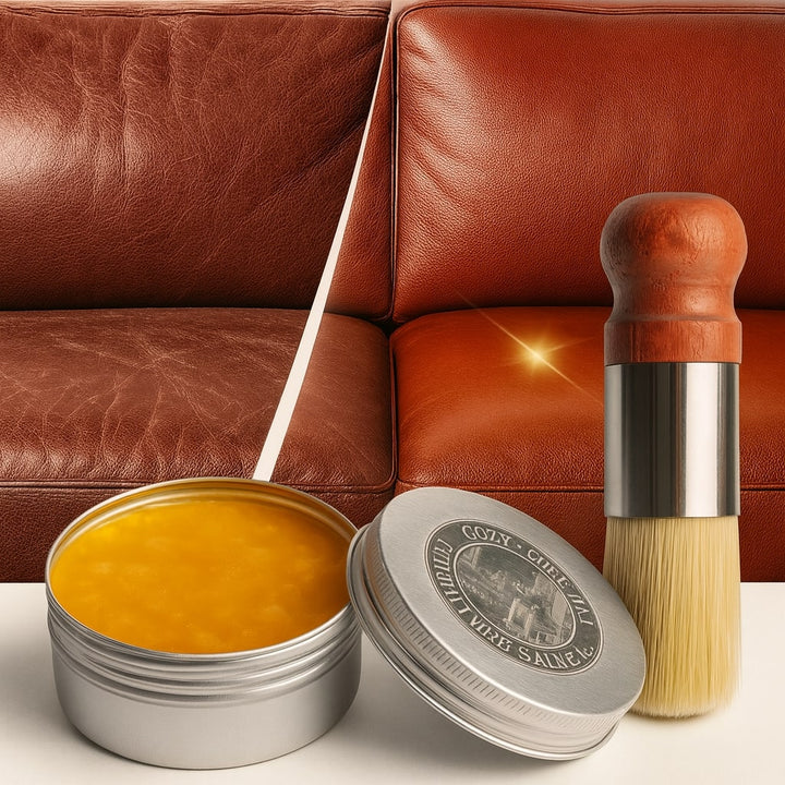 Baume de soin et protection intensif pour cuir, idéal pour meubles, canapés et intérieurs de voiture.