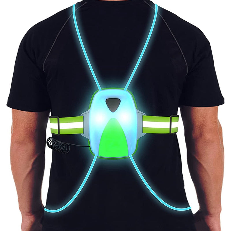 Gilet sport réfléchissant et LED, idéal pour running, vélo ou marche nocturne, coupe unisexe.