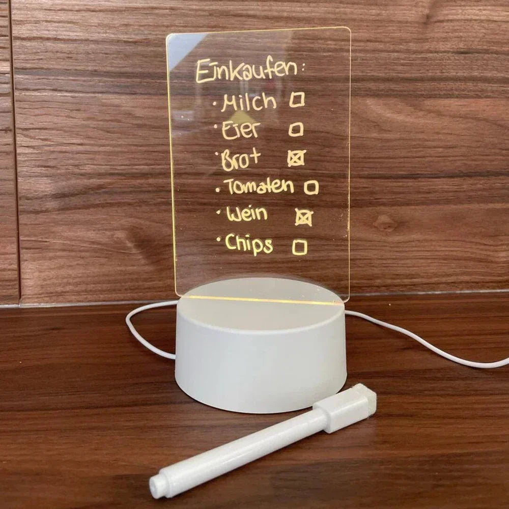 Carnet lumineux LED GlowPad allumé, affichant des notes claires pour une meilleure visibilité et créativité nocturne.