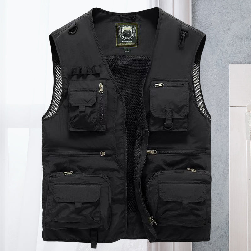 Veste sans manches homme pour photographe, avec poches adaptées aux objectifs et accessoires.