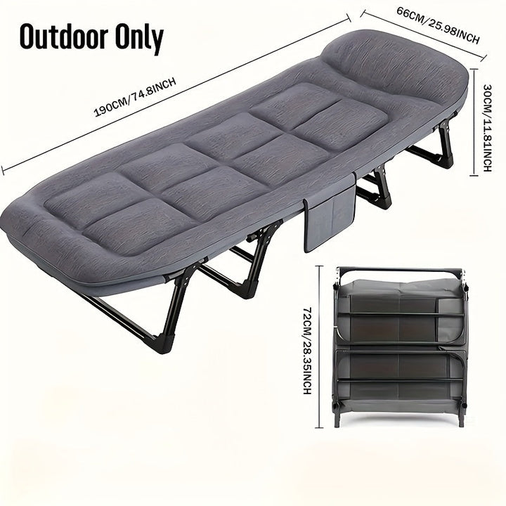 Lit de camping confortable avec structure en acier inoxydable, parfait pour le repos en extérieur et les voyages.
