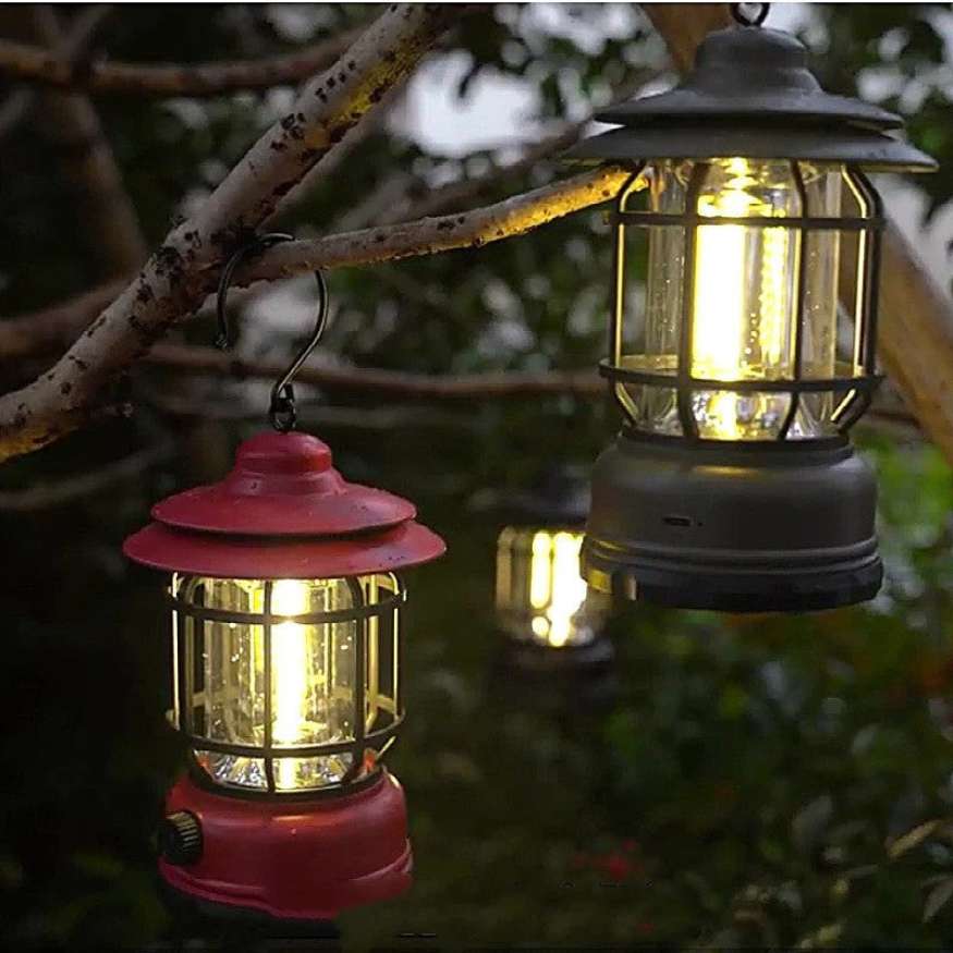 Lanterne LED vintage rechargeable, lampe de camping avec éclairage dimmable polyvalent.