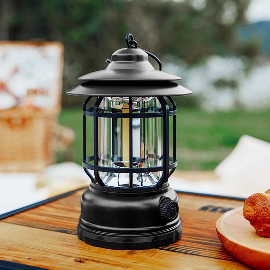 Lanterne de camping LED vintage rechargeable, éclairage extérieur dimmable pour une ambiance parfaite.