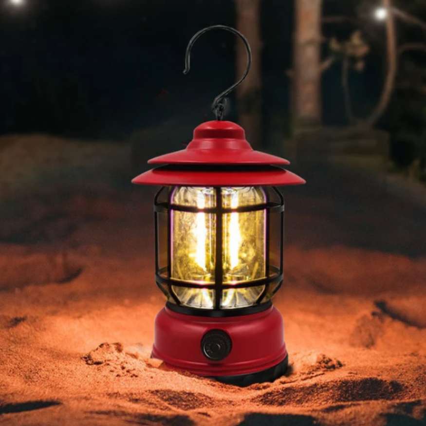 Lanterne LED de camping rechargeable, style vintage et éclairage portatif dimmable pour l'aventure.
